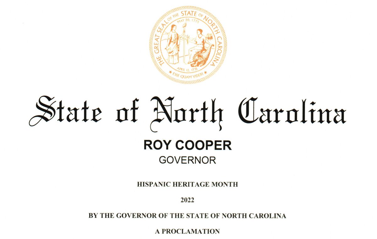 NC_Governor's tweet photo. Gov. Cooper has proclaimed September 15 – October 15 as Hispanic Heritage Month to honor and celebrate the history, culture and achievements of the Hispanic, Latino and Latinx communities across North Carolina.
https://t.co/aYS6kuD7qm https://t.co/J4RWRNcBKG