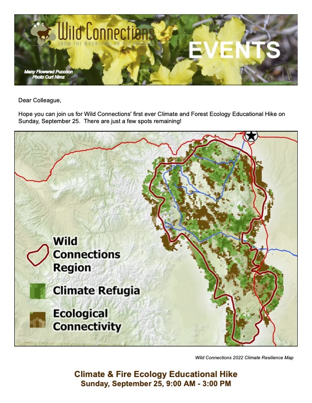 Wildconections2's tweet photo. Join us for our first ever climate education hike on Sept 25 at Reynolds Park in Jefferson County Open Space.  Just a few spots remaining!

For more info and to register, go to https://t.co/sdclBIWf5n

#climaterefugia #climatechange #conservation #30x30
#biodiversity #Colorado https://t.co/3AHTZV6jw4