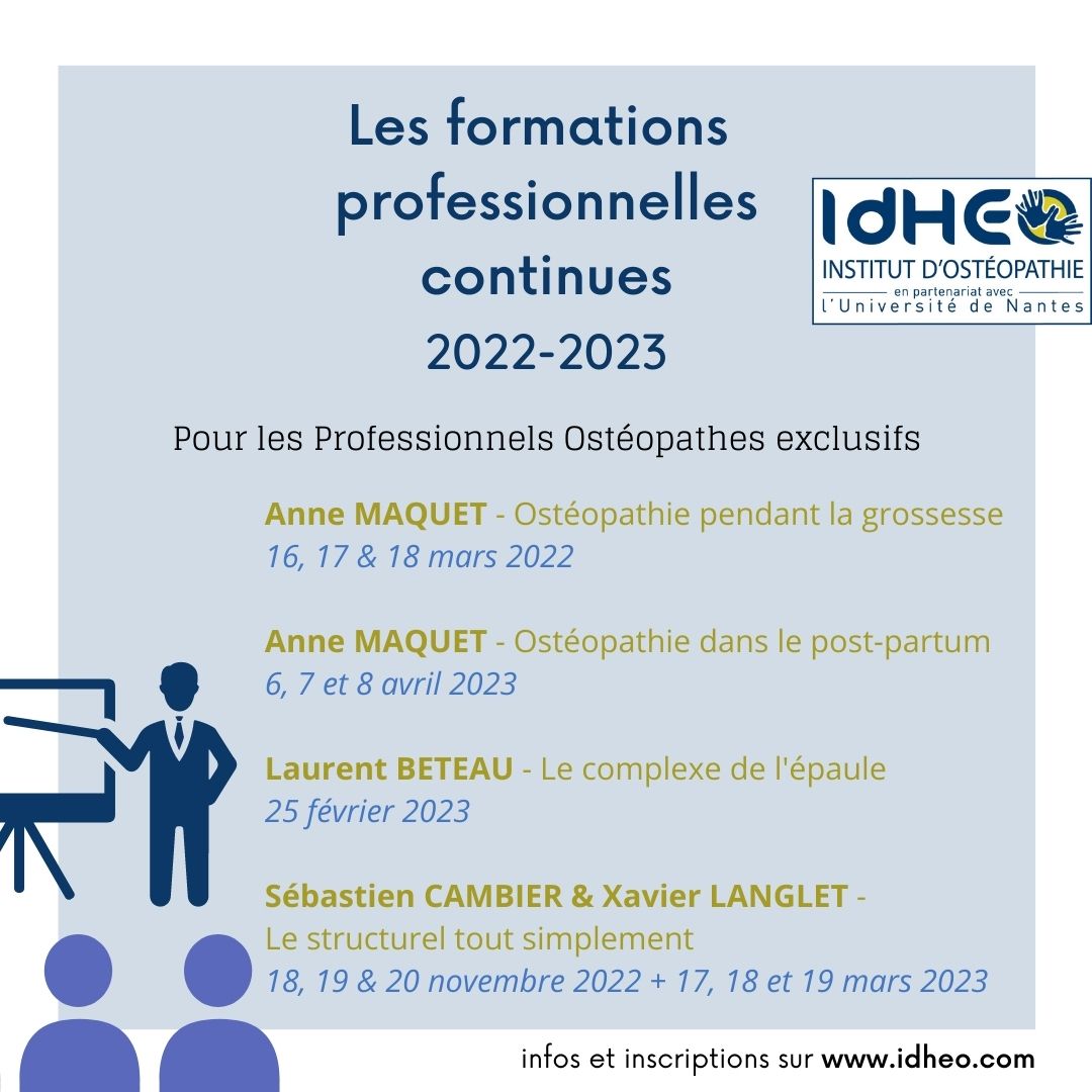Le saviez-vous ? 🤔

#Idheo Nantes propose des #formations professionnelles destinées aux ostéopathes exclusifs.

👇Retrouvez ci-dessous les formations disponibles pour l'année 2022-2023 :

✅Infos &amp; inscriptions sur idheo.com ou au 02 28 07 29 28