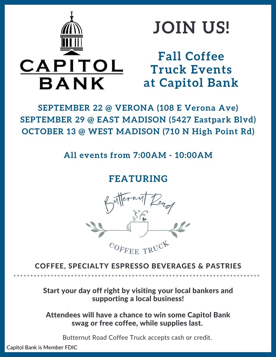 We're getting fall festive 🍂🍁 by hosting Butternut Road Coffee Truck at each of our locations in the coming weeks! Stop by for a morning pick-me-up and let us say thank you for allowing us to serve this amazing community! ☕️
#coffee #banklocal #communityappreciation