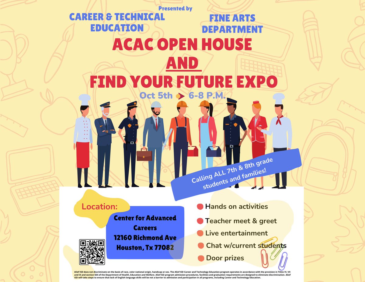 ACAC Open House and Find Your Future Expo, Wednesday October 5th from 6-8 pm. Hands on activities, Teacher meet & greet, Live entertainment, Chat w/ current students, Door Prizes. @AliefISD @AliefCTE #ChooseAlief #ACACOneTeam