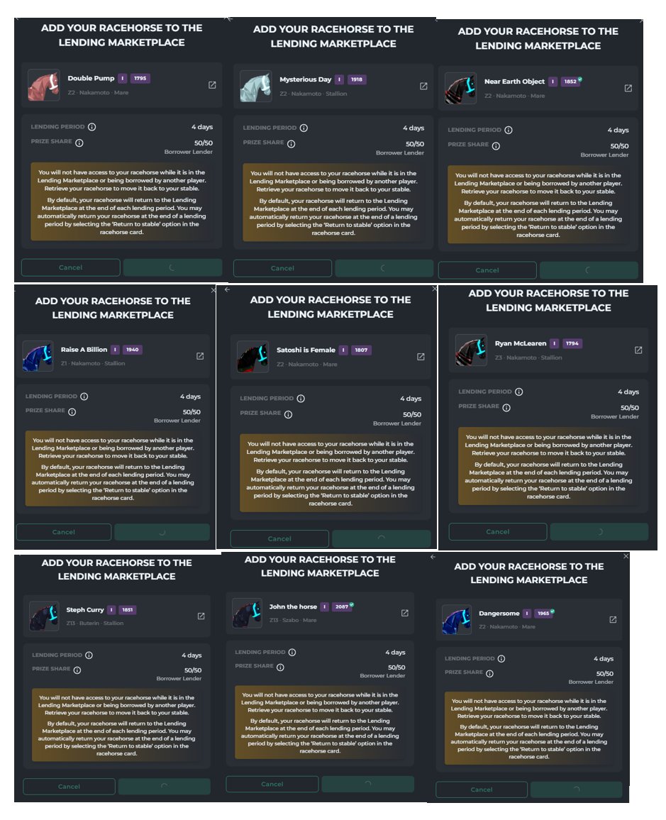 Just threw this first group into the lending pool. These 9 horses represent about 25 ETH in racing profits between Zed &amp; 3rd party events. They all compete and win in C1 paid and tourneys. Happy Hunting! <a href="/zed_run/">zed_run</a> <a href="/CryptoSonarETH/">CryptoSonar.eth</a> <a href="/hawku_com/">hawku</a> <a href="/stackednaks/">SNPro</a> <a href="/knowyourhorses/">Know Your Horses</a>