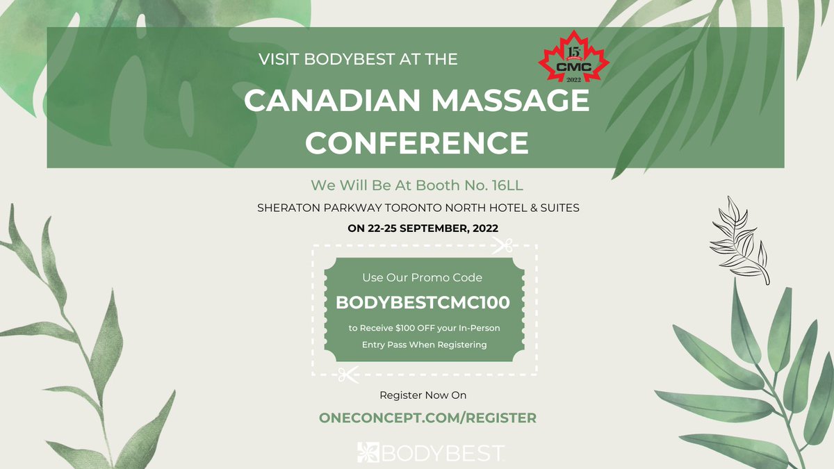 KYBodyBest's tweet photo. Visit us at Booth no. 16LL at the 15th Canadian Massage Conference, Sheraton Parkway Toronto North Hotel &amp; Suites on 22-25 Sep.

Use promo code BODYBESTCMC100 to get $100 off on your entry pass.

📲 Register today https://t.co/MIJN3dPjYM
#canadianmassageconference https://t.co/3o39hbIAZk