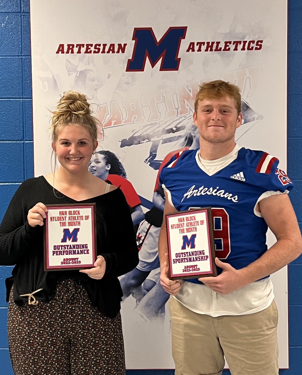 Congratulations to Brianna Payne for Outstanding Performance and Devon Brenner for Outstanding Sportsmanshipfor August; thank you Bryan Collier <a href="/HRBlock/">H&R Block</a>  <a href="/MSDMartinsville/">MSD of Martinsville</a> <a href="/redbluecrew/">ArtieStudentSection</a> <a href="/AwesomeArties/">Martinsville HS</a>