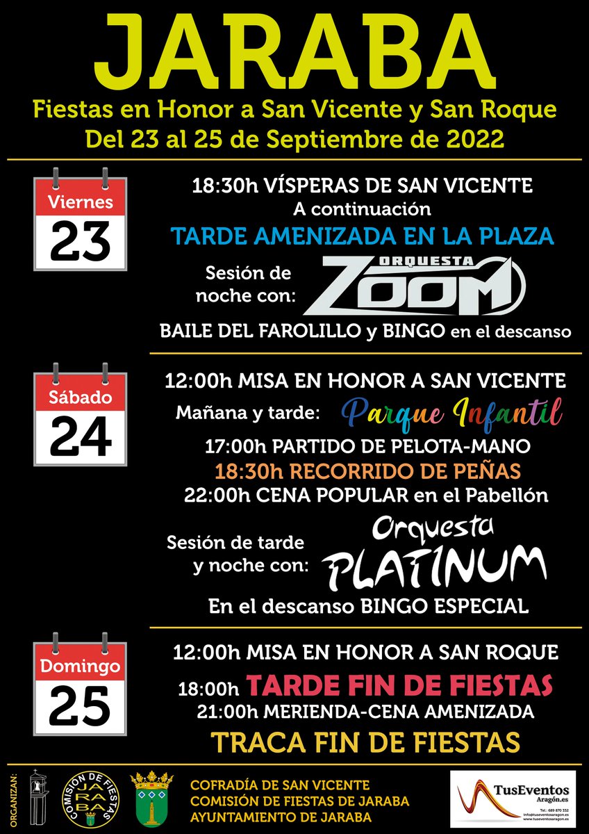 fiestasdejaraba's tweet photo. ¡Ya no hay quien nos pare! 💃💃💃🕺🕺🕺
Vuelven las fiestas de Septiembre en honor a San Vicente y San Roque. #fiestasseptjaraba #FiestasSeptiembreJaraba https://t.co/Z17psbsLu7