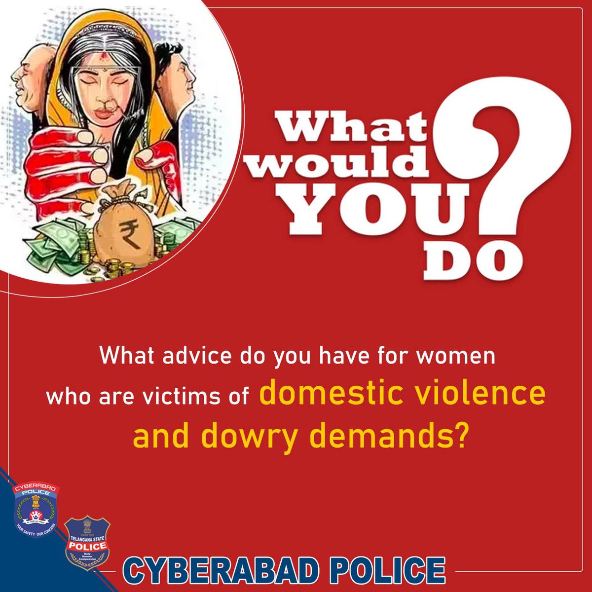 SheTeamsCyb's tweet photo. What will you do if you come across a woman who is the victim of DV or dowry?
#YourResponseMatters #SpeakUpForRights #NoToDomesticViolence #DomesticViolence #CyberabadPolice #DomesticViolence #CyberabadPolice https://t.co/aVgl6W4g2t