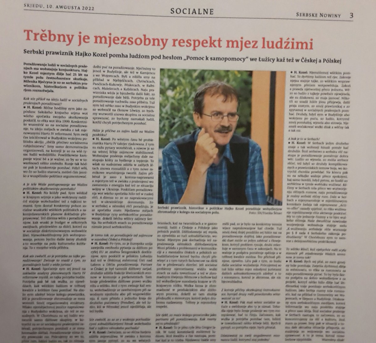 Interview #SerbskeNowiny mit mir zu 25 Jahre meine Aktionen für #SozialeGerechtigkeit im #Landtag u.#Kreistag, auf d.Straße (Aufstand gegen Sozialraub) u.b. kostenloser #Sozialberatung i. d.#Lausitz, in #Polen u.#Tschechien. #Sachsen, #Brandenburg, #Sorben, #Bautzen, #Budyšin.