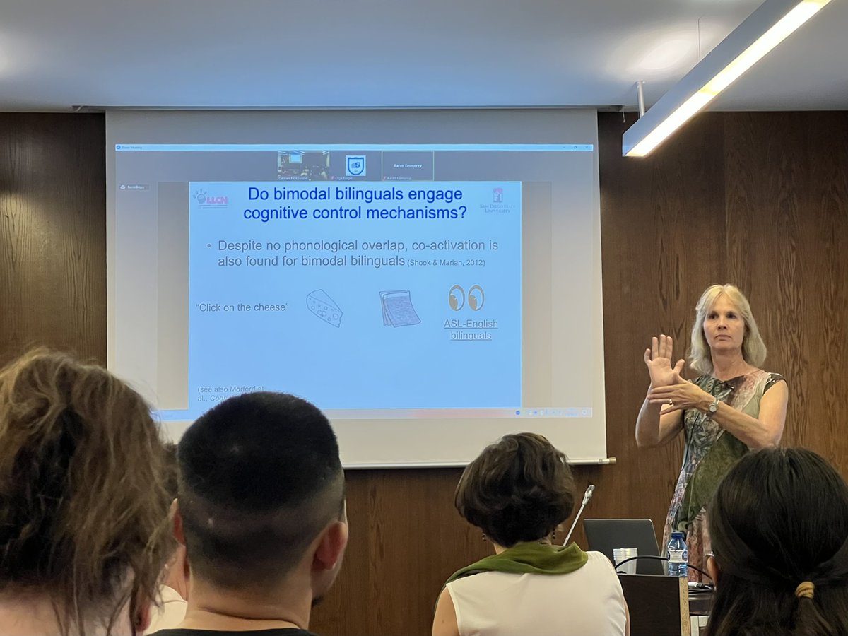 BSBM_UPF's tweet photo. On the last day of #BSBM, Dr. Karen
Emmorey @kemmorey1 has given a
fascinating lecture guiding us into a very unique domain of #blingualism: #Bimodal bilingualism!!🗣👐

Bimodal bilinguals' code-blending sheds a new light on language processing💡So inspiring🫶

#SignLanguage https://t.co/DdeA4HxO4R