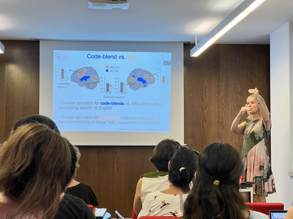 BSBM_UPF's tweet photo. On the last day of #BSBM, Dr. Karen
Emmorey @kemmorey1 has given a
fascinating lecture guiding us into a very unique domain of #blingualism: #Bimodal bilingualism!!🗣👐

Bimodal bilinguals' code-blending sheds a new light on language processing💡So inspiring🫶

#SignLanguage https://t.co/DdeA4HxO4R