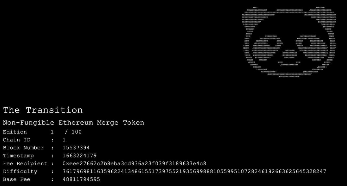 revanfts's tweet photo. The ethereum network has undergone the biggest upgrade in its history, transitioning to a proof-of-stake consensus algorithm.
In this particular case, users spent 36 ETH for the first ever irreplaceable token minted on the PoS-based Ether network.

This is what NFT looks like. https://t.co/skSMV1022D