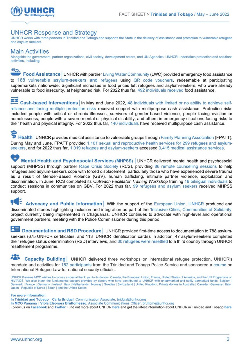 AertkerMiriam's tweet photo. Our fact sheet for May/June 2022 giving an overview of UNHCR's operations in #TrinidadandTobago is published. To read more, click the following link👉 https://t.co/m41qwEdOTl https://t.co/LPaohji7mD