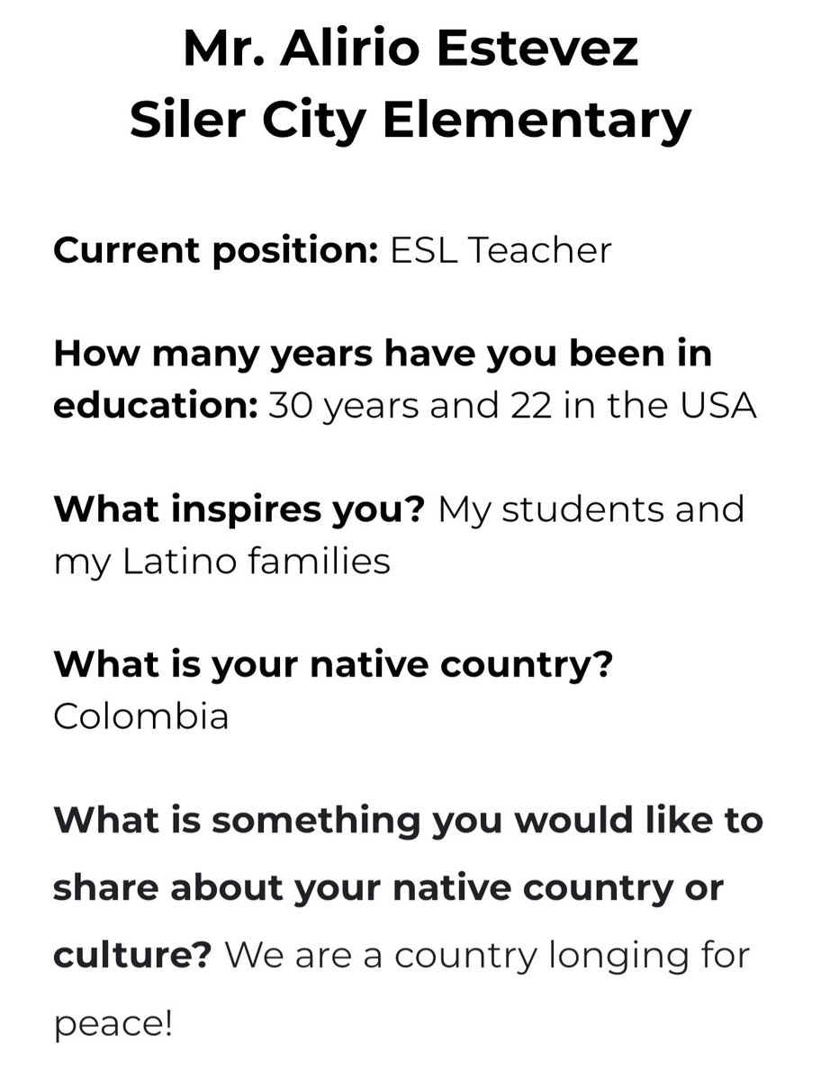 This National Hispanic Heritage month, the Office of Excellence and Opportunity honor the culture and history of our Latinx staff. Today we spotlight Mr. Alirio Estevez the ESL teacher at Siler City Elementary. 🎉<a href="/SCEBulldogs/">SCE</a> #onechatham