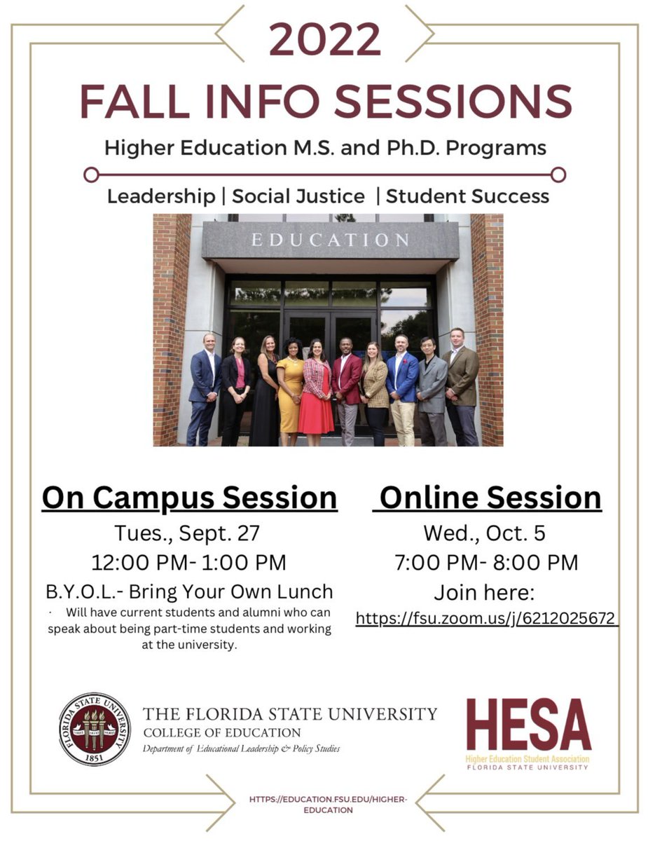 fsu_elps's tweet image. Thinking about a career in #highered? Come learn more about @FSU_HE (currently ranked 13th by US News &amp;amp; World Report) and #LifeNet at one of our upcoming Master’s and Ph.D. info sessions!
At each session, current students and faculty will provide insight into the program.