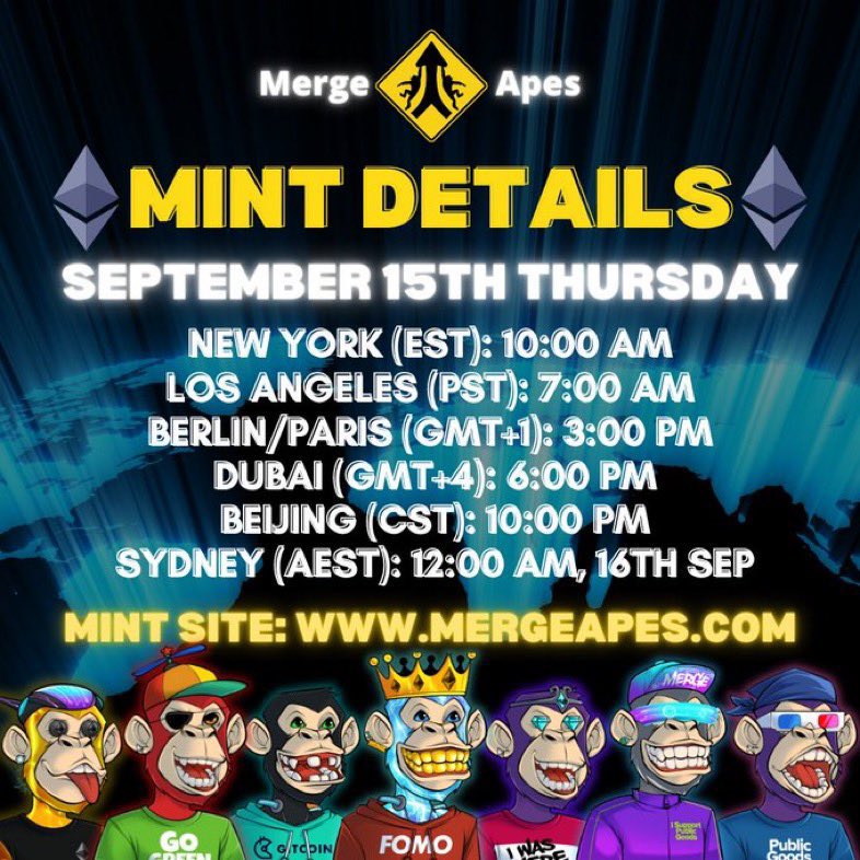 #EthMerge is completed. Now it's time to get a Merge PoAP by minting with <a href="/MergeApes/">Merge Apes | 100% MINTED</a>!

Mint starts at 10AM EST Today on mergeapes.com
Price: 0.06 ETH

#EthereumMerge #ETH