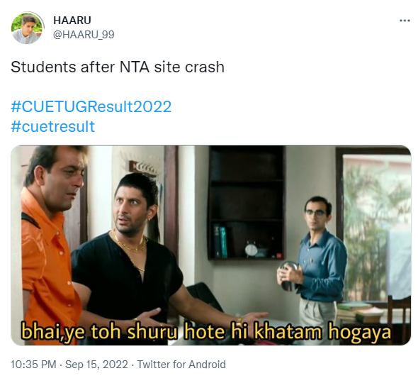 yuva_journalist's tweet photo. Meanwhile, #CUETUGResult2022 is showing some hilarious and funny tweets. 

Don't know results can be that funny and interesting. #memeculture https://t.co/zP1rBTWLuA