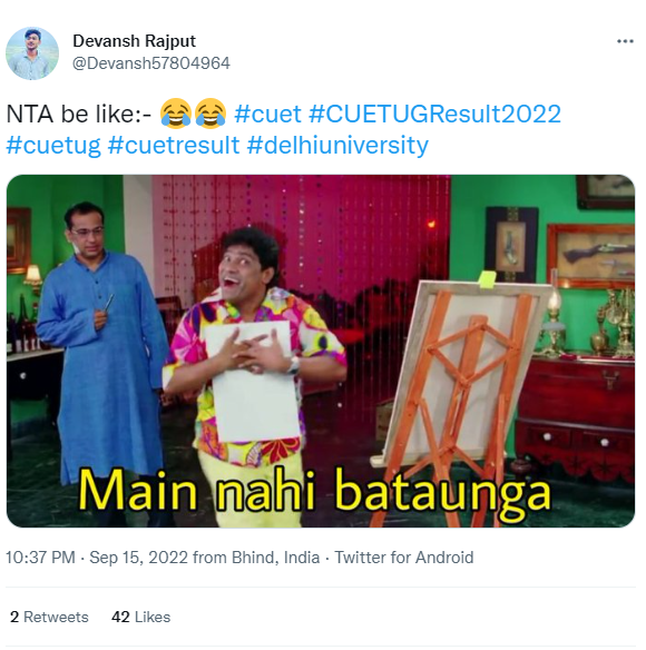 yuva_journalist's tweet photo. Meanwhile, #CUETUGResult2022 is showing some hilarious and funny tweets. 

Don't know results can be that funny and interesting. #memeculture https://t.co/zP1rBTWLuA