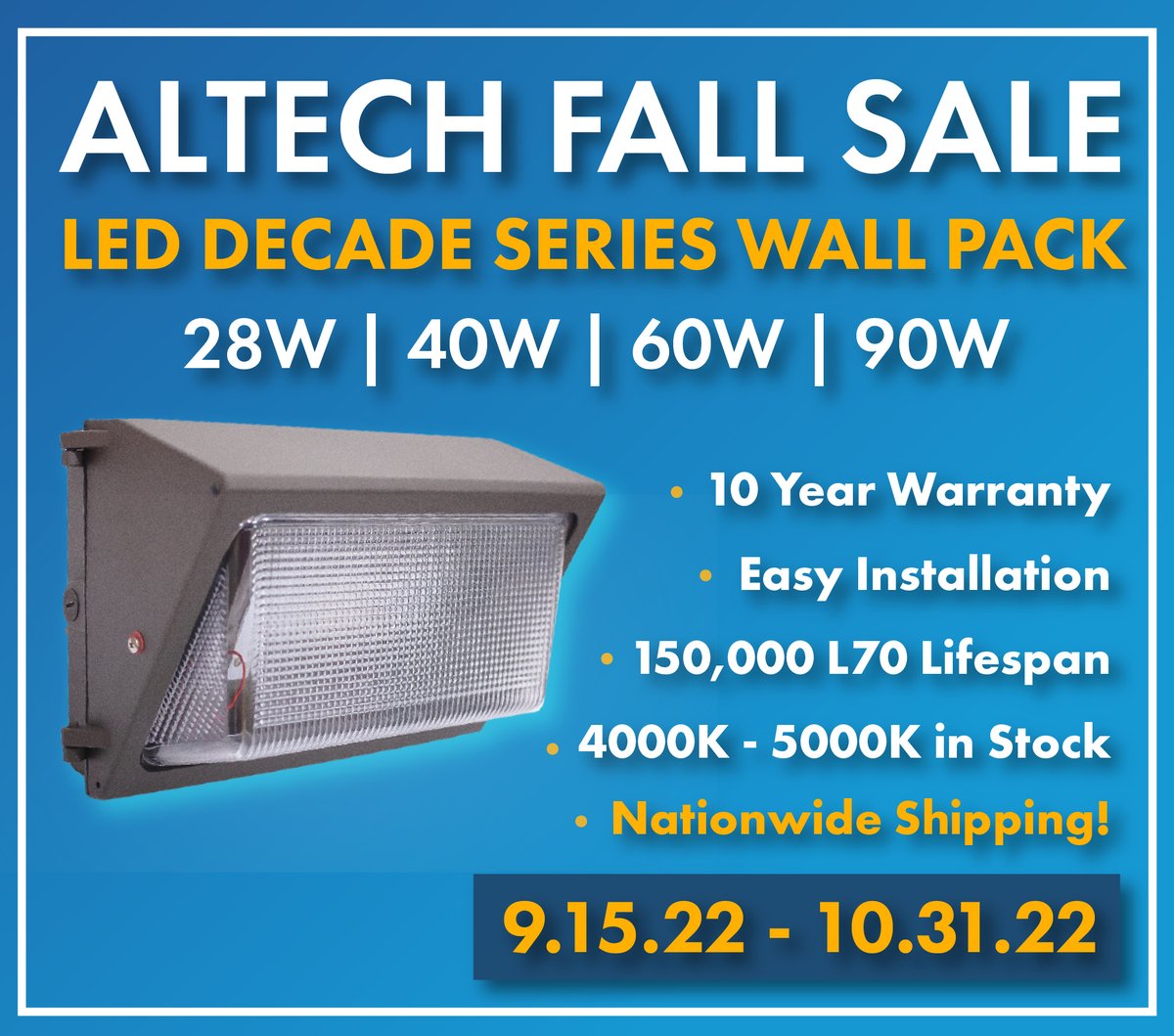 AltechElctrnics's tweet image. Altech Electronics is offering our LED Wall Packs at our best competitive price yet! With 4000K and 5000K readily available for free nationwide shipping you don’t want to miss out on this limited time offer! 

This offer lasts from 9/15/22 - 10/31/22. Order Today!

#led