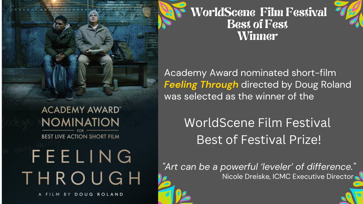 ICMediaCenter's tweet photo. #ICMC - Results are in!  @TheAcademy  Award-nominated short film @FeelingThrough   won the 2022 #WorldScene Film Festival best of fest prize!  Congratulations to director @DougRoland  We can't wait to learn more about Feeling Through Studio!
#FilmFestival #shortfilm #deafblind https://t.co/a7VlubrarH