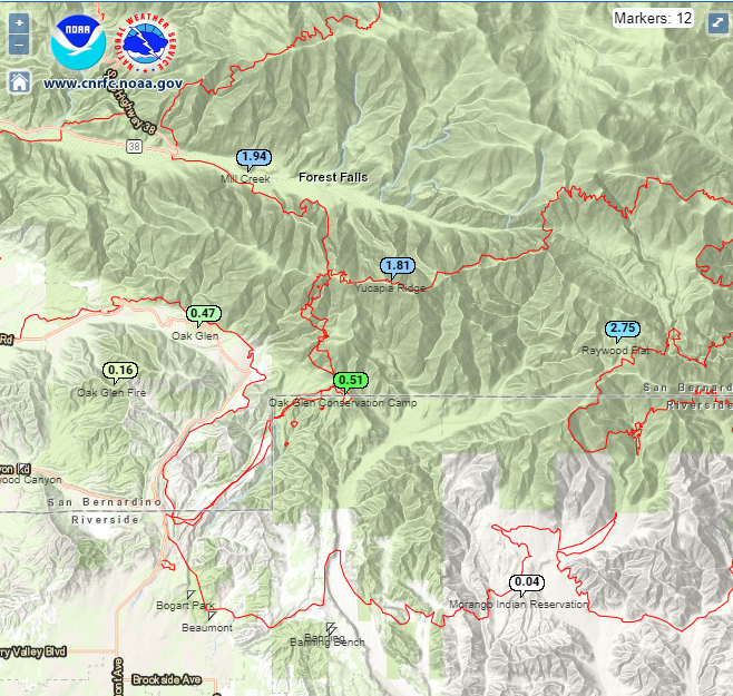 NWSSanDiego's tweet image. The rainfall from Monday September 12 and the total rainfall from Saturday to Monday in the affect #debrisflow area of Forest Falls and Oak Glen, the Banning Canyon #TCKay moisture