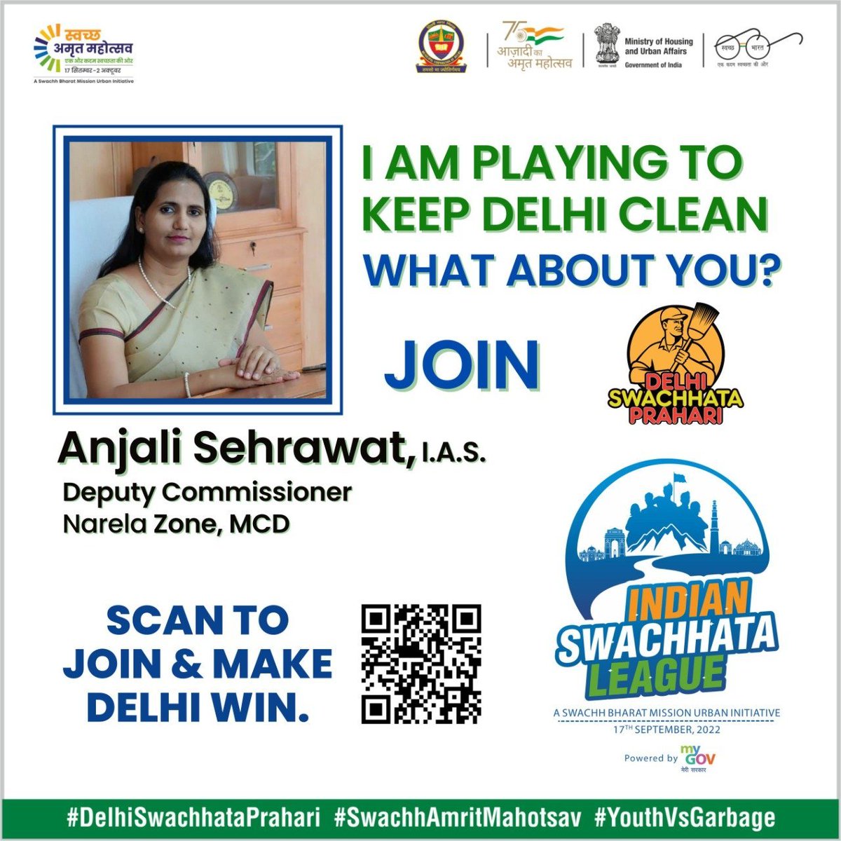 SBM_MCD's tweet photo. Deputy Commissioner, Narela Zone, Municipal Corporation of Delhi Anjali Sehrawat  is ready to make Delhi garbage free. If you have not yet joined the Delhi team "Delhi Swachhata Prahari", So do your contribution in making Delhi clean by registering today.
#SwachhAmritMahotsav https://t.co/4A5kanNCAW