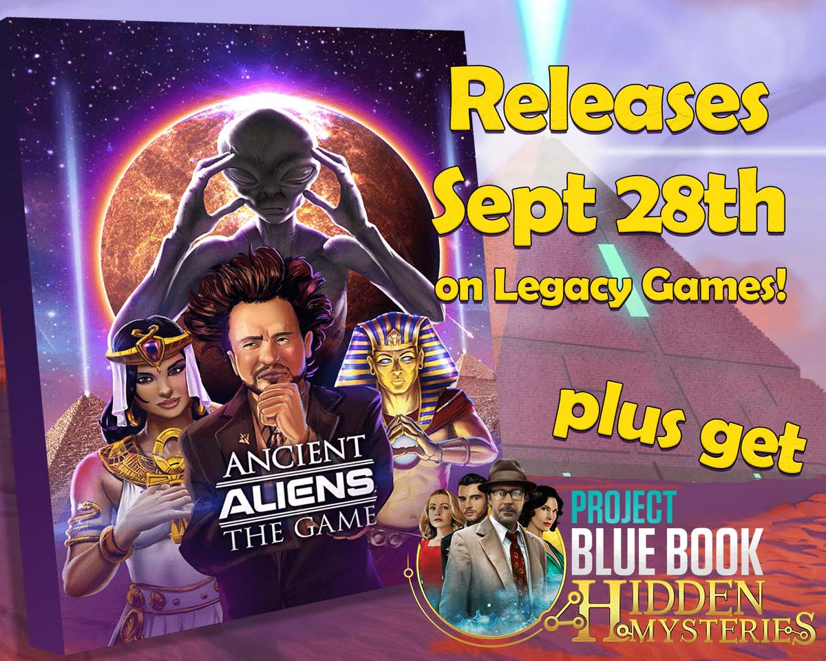 Legacy_Games's tweet photo. Mark your calendars and look up! 🛸 Ancient Aliens: The Game releases Sept. 28th on Legacy Games as a bundled pack with Project Blue Book! 👽 #newrelease #anicentaliens #projectbluebook

Read more:
https://t.co/g3ODxcZUEt https://t.co/M8d5ToGw04