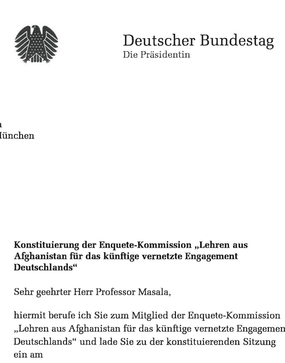 CarloMasala1's tweet photo. Frau Bundestagspräsidentin ⁦@baerbelbas⁩ hat mich auf Vorschlag der ⁦@cducsubt⁩ als einen von 12 ständigen ExpertInnen in die Enquete Kommission Afghanistan berufen. Ich freue mich auf die zukünftige Arbeit in diesem Gremium https://t.co/281JN9KSu8