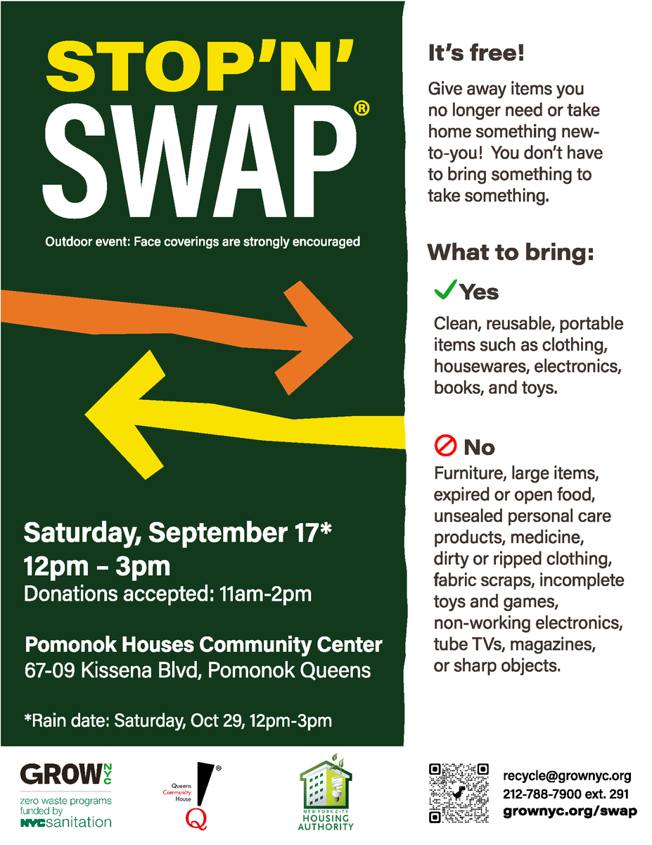 Please join us in Queens this Saturday for a free Stop ‘N’ Swap event!
In the case of rain, this event will be rescheduled to Saturday, October 29 from 12 PM - 3 PM. Please check grownyc.org/swap for updates.