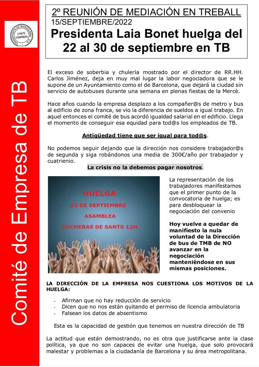 Por la Mercè tu paras Barcelona <a href="/laiabonetrull/">Laia Bonet</a> <a href="/Gerardol28/">Gerardo L</a> <a href="/TotBcn/">TOT Barcelona</a> <a href="/BCNmetropoli/">Metrópoli Barcelona</a> <a href="/DePablo_SIT/">Mario DePablo</a> <a href="/elperiodico/">El Periódico</a> <a href="/EFEeconomia/">EFE Economía</a> <a href="/janetsanz/">Janet Sanz</a> <a href="/jaumecollboni/">Jaume Collboni</a> <a href="/cgtbus/">CGT BUS TMB</a> <a href="/ACTUB3/">ACTUB</a> <a href="/TbCcoo/">CCOO TB TMB</a>