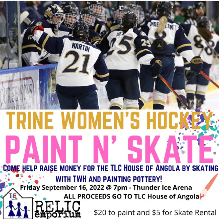trinewhockey's tweet image. Please join us in raising support for the TLC House of Angola by SKATING &amp;amp; PAINTING with #TrineWH! 

🗓: THIS Friday
⏰: 7-10pm
📍: @ThunderIceArena 
🎨 = $20
⛸ = $5

Preregistration:
docs.google.com/forms/d/e/1FAI…
