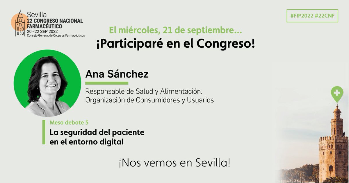 ana_asm's tweet photo. “La seguridad del paciente en el entorno digital” es el título de la mesa-debate en la que participaré el próximo miércoles en Sevilla #22CNF. Hablaremos de pros y contras de la digitalización, garantías de la compra online, fake news... @consumidores @AEMPSGOB  @Farmaceuticos_ https://t.co/raCIznU1Lb