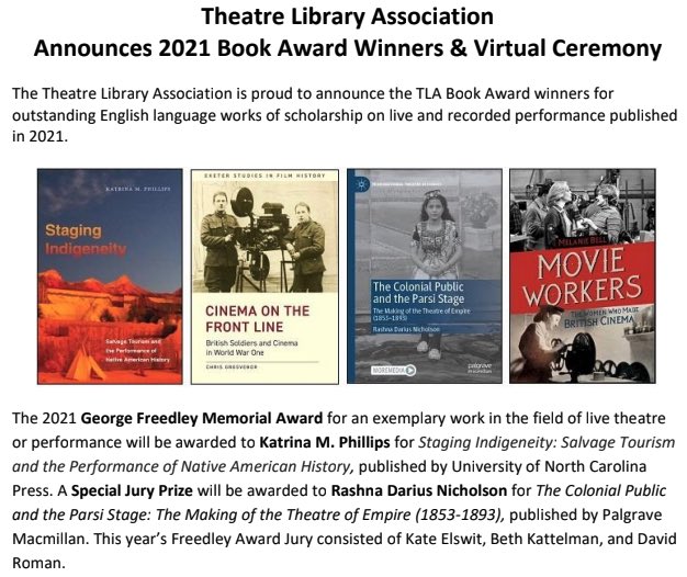 My lifelong love for theatre runs about as deep as my love for history, so to have my book win an award from <a href="/theatrelibassn/">TheatreLibAssn</a> for an exemplary work in the field of live theater or performance feels pretty spectacular. Miigwech, as always, to <a href="/UNC_Press/">UNC Press</a> and @MarkSV!