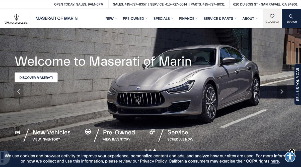 We are excited to announce that our brand new MaseratiMarin.com site is now live. Shop our new and pre-owned inventory 24/7, check out our current specials, apply for financing, schedule service, and check out what our clients are saying about us.