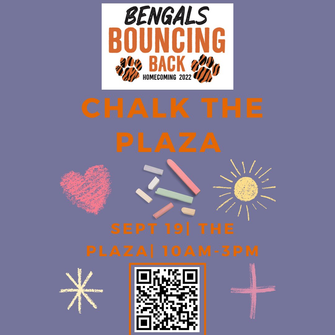 LifeatBuffState's tweet photo. For the full list of Homecoming events, please head to https://t.co/3lZF9883Vf! On Monday, September 19 get ready for Chalk the Plaza from 10am-3pm. https://t.co/IeefHZ8xlW
