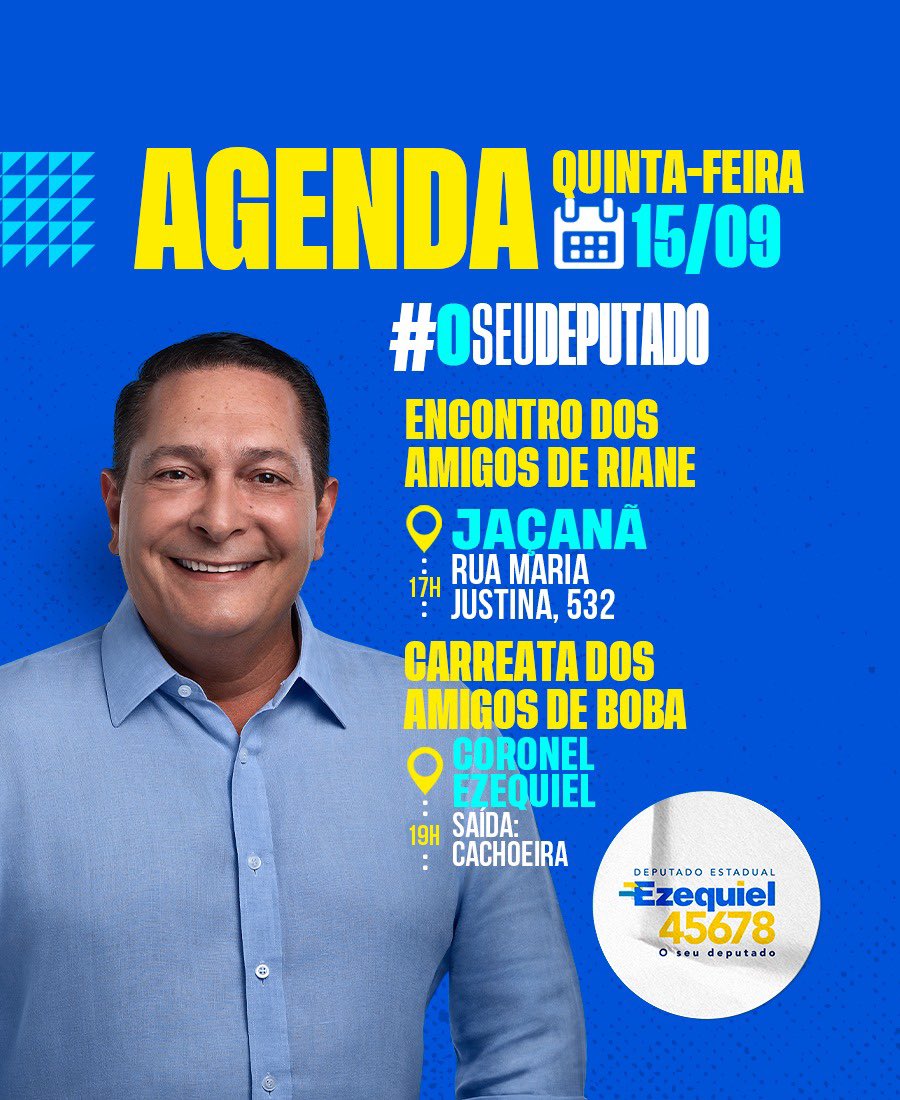 E a agenda de campanha hoje será animada! 💪🏼 

17h - Jaçanã 
19h - Coronel Ezequiel 

Vamos todos!
É 4️⃣5️⃣6️⃣7️⃣8️⃣