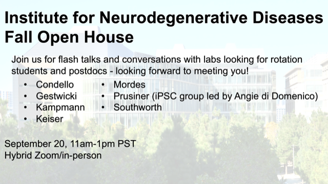 Martin Kampmann (@martinucsf) on Twitter photo Are you a future postdoc or incoming <a href="/UCSF/">UC San Francisco</a> grad student interested in neurodegenerative disease?
Join the Open House of the <a href="/INDUCSF/">Institute for Neurodegenerative Diseases</a> to learn about our research and meet PIs and current trainees.
Register for online participation by Sept 19 here: forms.gle/URgGeWvgy5DAvC… Are you a future postdoc or incoming <a href="/UCSF/">UC San Francisco</a> grad student interested in neurodegenerative disease?
Join the Open House of the <a href="/INDUCSF/">Institute for Neurodegenerative Diseases</a> to learn about our research and meet PIs and current trainees.
Register for online participation by Sept 19 here: forms.gle/URgGeWvgy5DAvC…