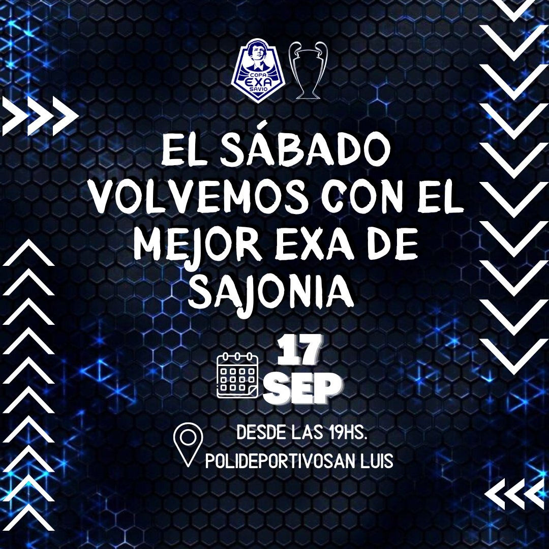 ¡𝗘𝗟 𝗠𝗘𝗝𝗢𝗥 𝗘𝗫𝗔 𝗩𝗨𝗘𝗟𝗩𝗘!😎

Todo listo! ✅️ 
Con 17 equipos confirmados, empezamos el Torneo Clausura 2022 "Prof. Maria Selva".

Desde las 19hs vibra con nosotros los encuentros deportivos en el Polideportivo San Luis.

Entrada Gral Gs. 3.000

#exasavio