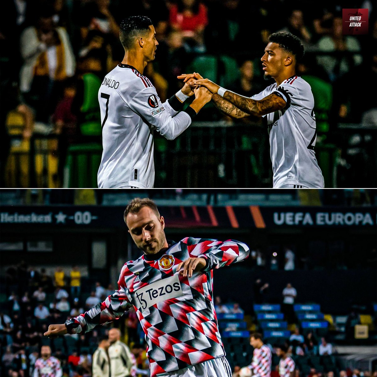 unitedattackID's tweet photo. HT: Sheriff 0-2 Man United. ⚽Sancho 17' (Eriksen) ⚽Ronaldo 39' (p). 
 
Sancho nyekor lagi, Ronaldo akhirnya pecah telur.... #MUFC #UnitedAttack https://t.co/RVwXUzv6G0