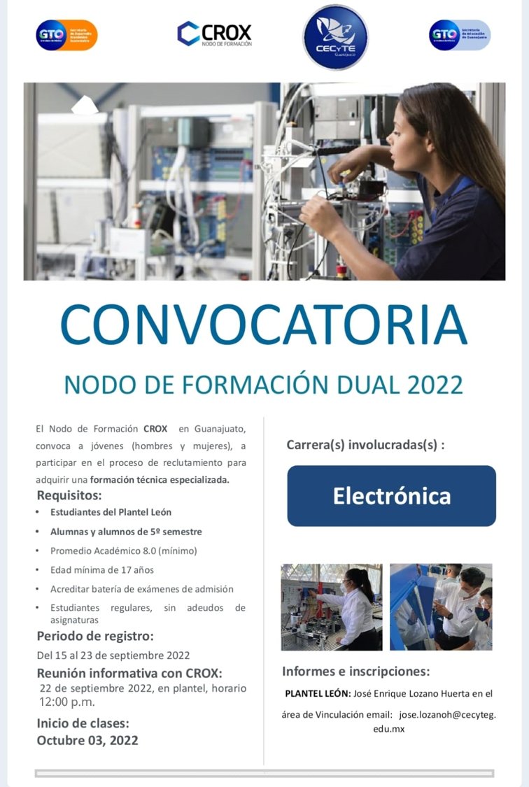 CecytegLeon's tweet photo. 🚨AVISO ESTUDIANTES DE 5° DE ELECTRÓNICA🚨

Asiste este jueves 22 de septiembre a la Reunión informativa con la empresa CROX para ingresar al "PROGRAMA DUAL", nos vemos a las 12:00 p.m. en la Sala Audiovisual del plantel, puedes acudir con tus padres. https://t.co/UKMCukVAuf