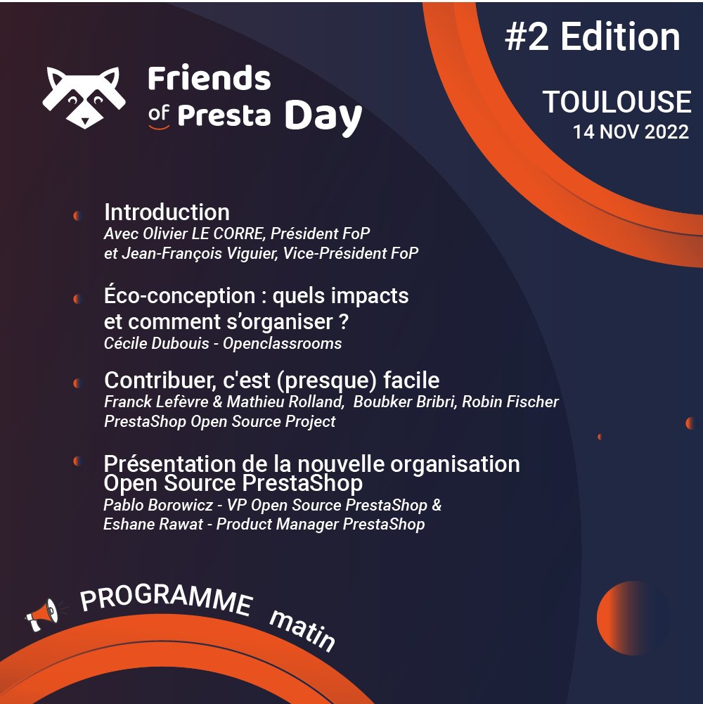 jfviguier's tweet image. C'est avec un grand plaisir que je vous présente le programme officiel du Friends of Presta day le 14 novembre à Toulouse #fopday2022 @friendsofpresta

Inscription et détails &amp;gt; shop.friendsofpresta.org/7-pass-fop-day…