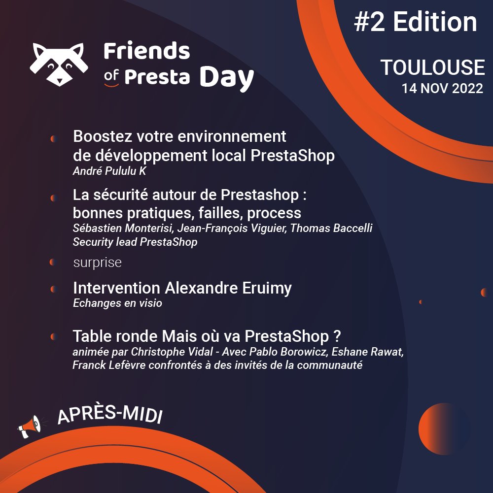 jfviguier's tweet image. C'est avec un grand plaisir que je vous présente le programme officiel du Friends of Presta day le 14 novembre à Toulouse #fopday2022 @friendsofpresta

Inscription et détails &amp;gt; shop.friendsofpresta.org/7-pass-fop-day…