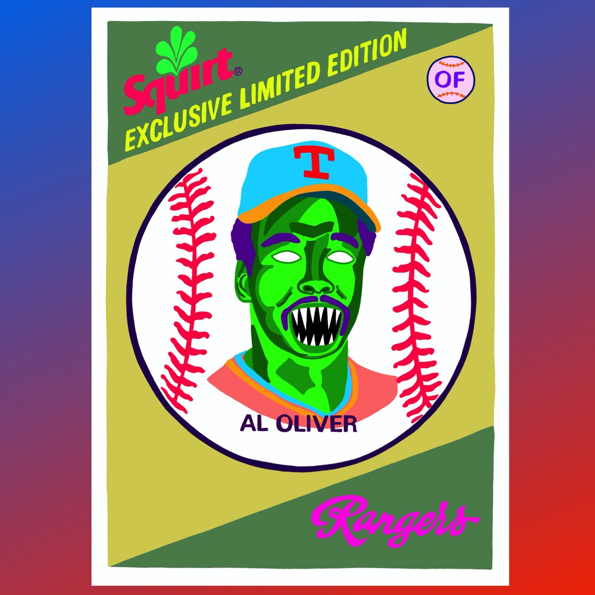 NeonBlackTiger's tweet photo. How about a #NeonTerror for your #ThirstyThursday? Here is my 1981 #Topps #Squirt card of #AlOliver. #Scoop was a 7x #AllStar, #WorldSeries champ in '71, 3x Silver Slugger winner and #NationalLeague batting champion and RBI leader in '82. #CardArt #Pittsburgh #Pirates https://t.co/jpA9hLE89s