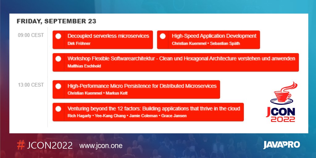 jcon_conference's tweet image. Welcome to the #Java Community Conference #JCON2022 !
We look forward to our exciting Workshop Day with you & our fantastic trainers. Have fun!
Last chance to register:
jcon.one
#JavaCloudNative #Cloud #Microservices #MicroStream #RapidClipse #Java
