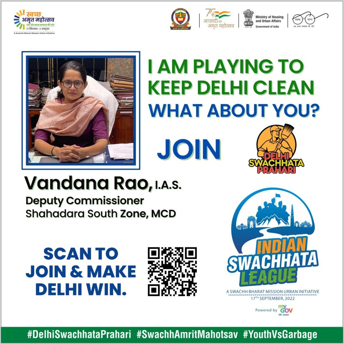 SBM_MCD's tweet photo. Deputy Commissioner,  Shahadara South Zone, Municipal Corporation of Delhi Vandana Rao is ready to make Delhi garbage free. If you have not yet joined the Delhi team "Delhi Swachhata Prahari", So do your contribution in making Delhi clean by registering today. https://t.co/l6hwE3vBiG
