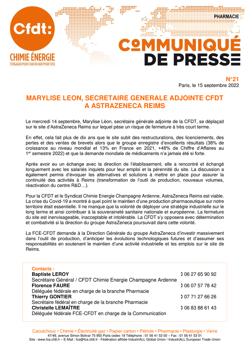 FCE_CFDT's tweet photo. Marylise Léon, secrétaire générale adjointe CFDT à AstraZeneca Reims
@MaryliseLeon, secrétaire générale adjointe de la CFDT, se déplaçait sur le site d’@AstraZeneca Reims sur lequel pèse un risque de fermeture à très court terme. 
https://t.co/aC6t4r25iK #Emploi #pharmacie @CFDT https://t.co/yyK9u3pc4j