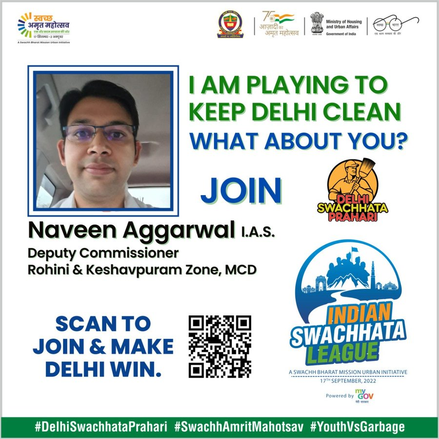 SBM_MCD's tweet photo. Deputy Commissioner,  KPZ &amp; Rohini Zone, Municipal Corporation of Delhi Naveen Aggarwal is ready to make Delhi garbage free. If you have not yet joined the Delhi team "Delhi Swachhata Prahari", So do your contribution in making Delhi clean by registering today. https://t.co/YrtXggTinU