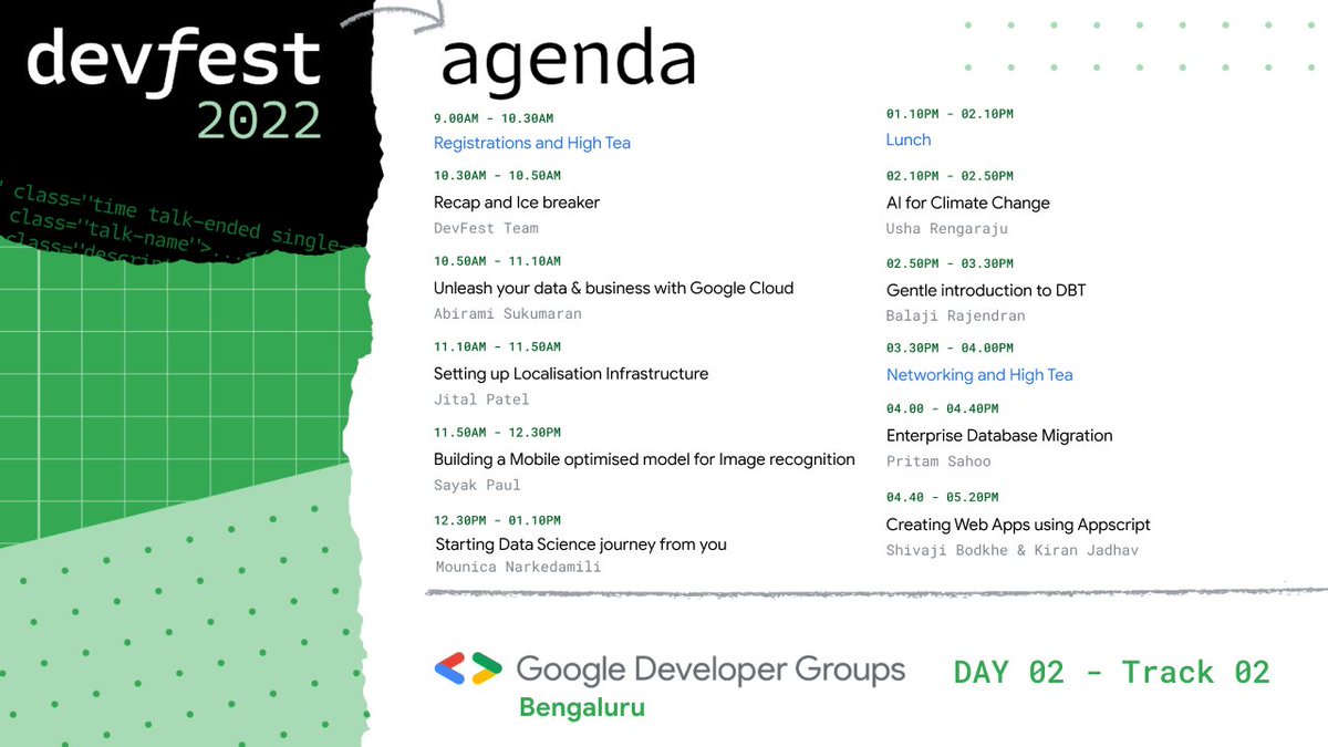GDGBLR's tweet image. Here's the Agenda for Day two of DevFest'22
If you would love to hear about #Cloud #machinelearning and #appscript then join us! 🥳
#devfest #devfest22 #devfestbengaluru
