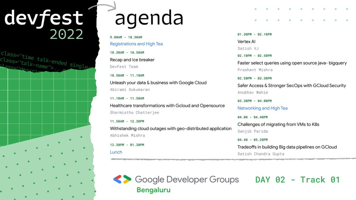 GDGBLR's tweet image. Here's the Agenda for Day two of DevFest'22
If you would love to hear about #Cloud #machinelearning and #appscript then join us! 🥳
#devfest #devfest22 #devfestbengaluru