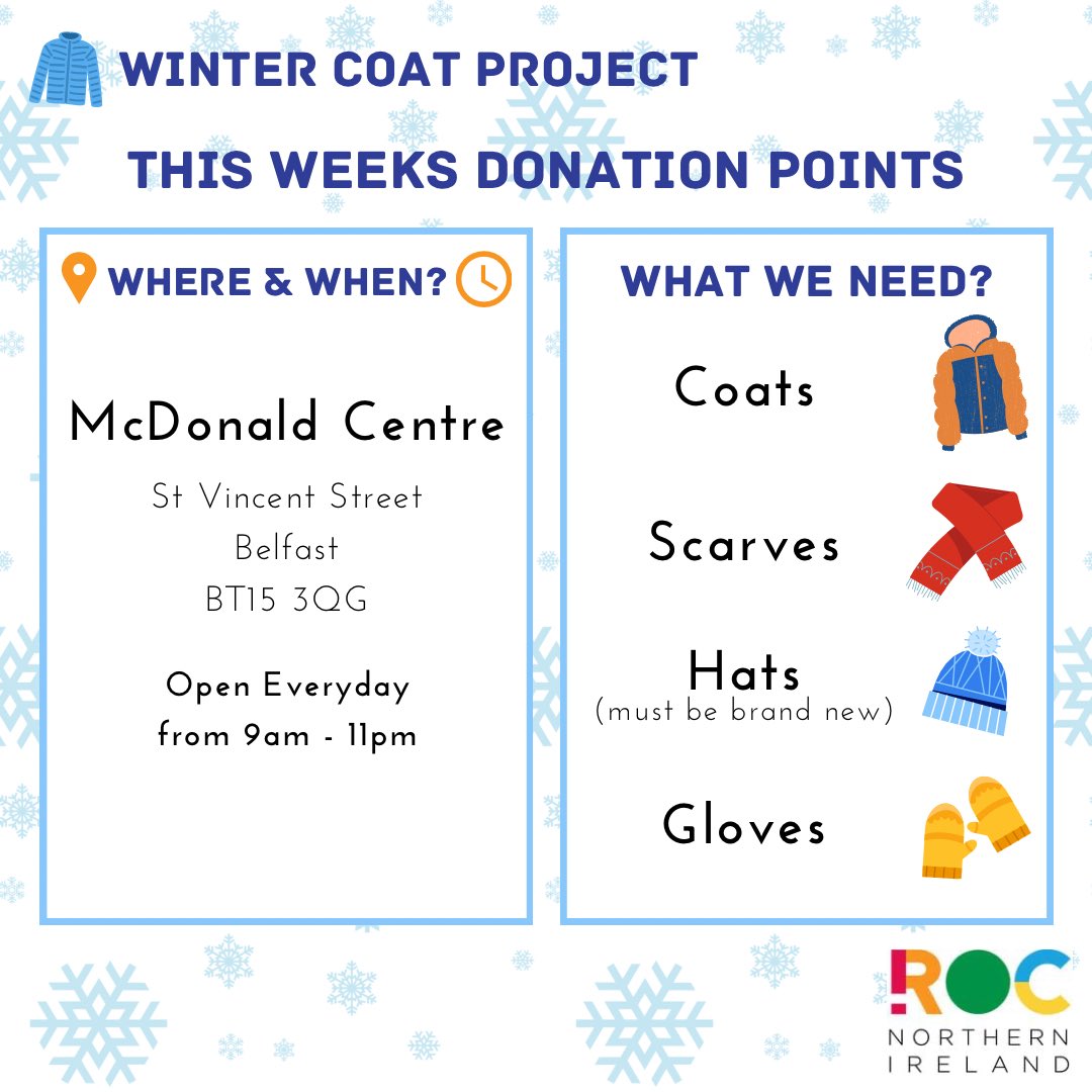 ROC_NI's tweet photo. Our Winter Coat Projects are starting up very soon! We currently have a few places getting ready to take donations, so if you would like to donate The McDonald Centre at @CrusadersFC is currently open!
#rocwintercoat
#wintercoatproject #costoflivingcrisis https://t.co/yx1aADJKI2