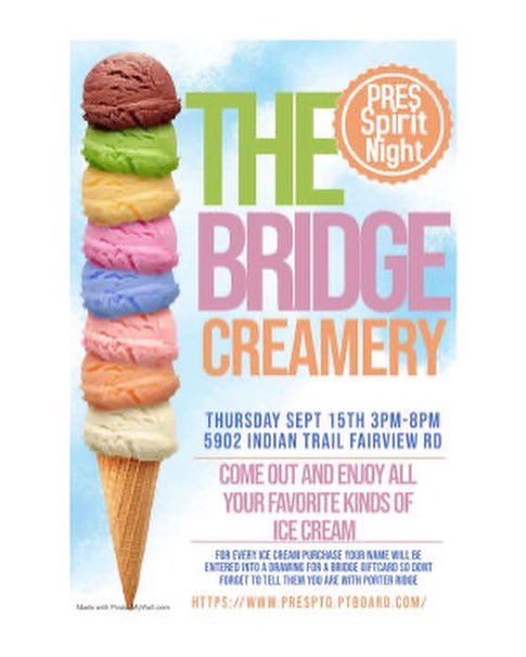 PorterRidgeESNC's tweet photo. Don’t forget to come to The Bridge today for our Spirit Night between 3:00 and 8:00!! @UCPSNC @AGHoulihan @Renee_McKinnon1 https://t.co/SKr8cfGoM4