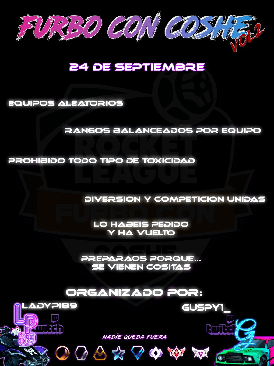 Lo habéis pedido, y aquí lo tenéis!!!
2a edición de Furbo con Coshes!!!

(Edicion invitacional pero atentxs al directo que vienen sorpresas)

twitch.tv/ladypi89